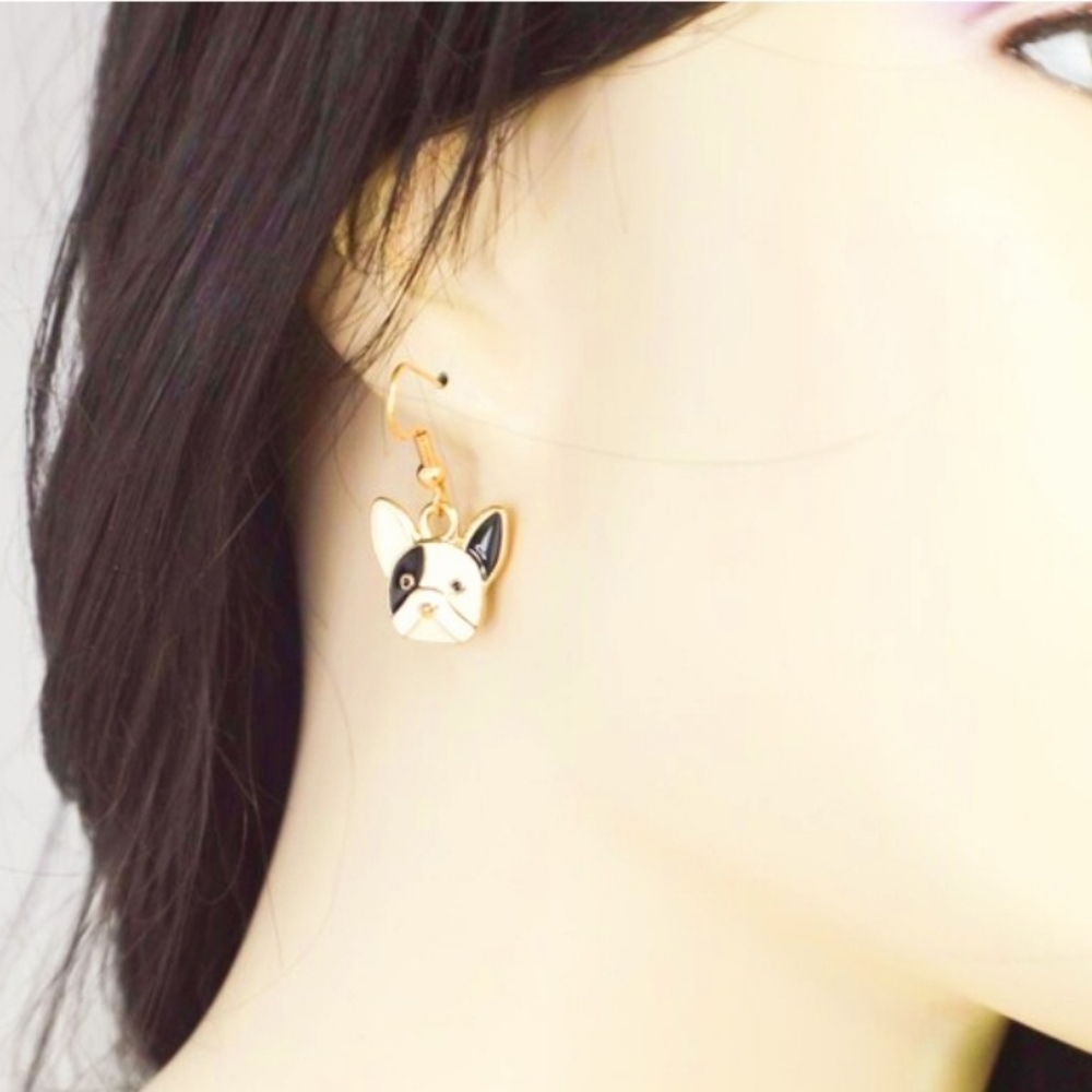 Gold plated black crystal Boston terrier/French bulldog earrings - Picture 9 of 11